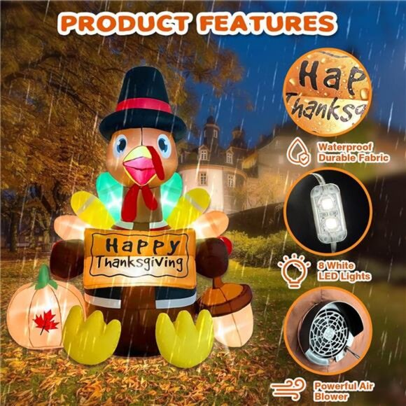 6FT Thanksgiving Inflatables Turkey Blow Up with Built-in Led Lights for Outdoor - Picture 6 of 7